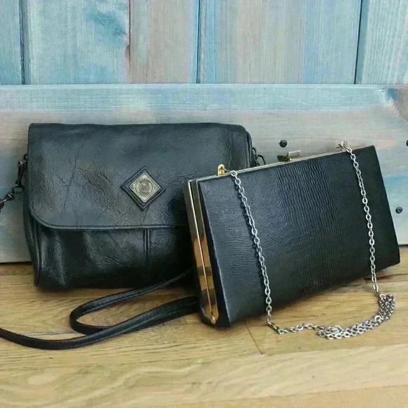 Mitzi Handbags - Set of 2 1980s Black Minimalist Purses Crossbody Bag Gold Trim Clutch